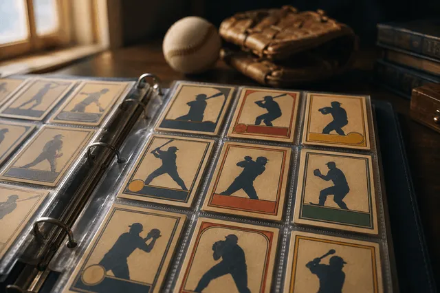 Vintage baseball cards on a wooden desk beside a worn glove