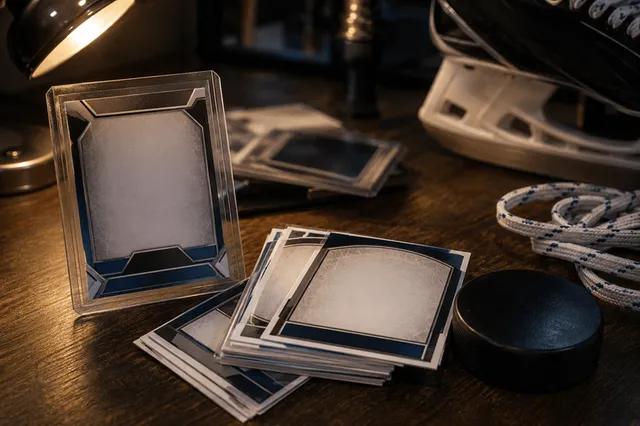 Hockey trading cards on a desk beside a black puck