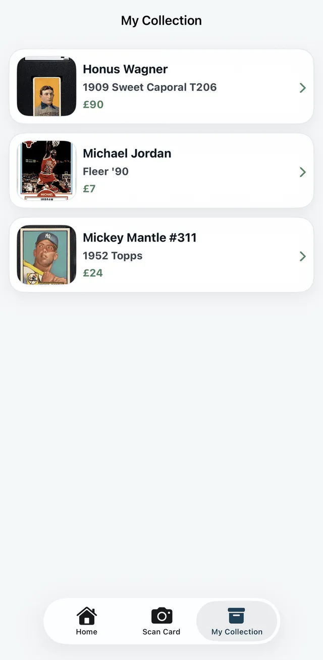 RookieScan collection tracking saved sports cards and their combined value