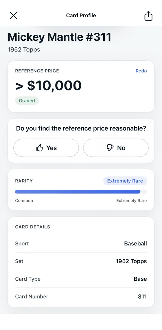 RookieScan card profile showing a 1952 Topps card with reference price, rarity, and card details