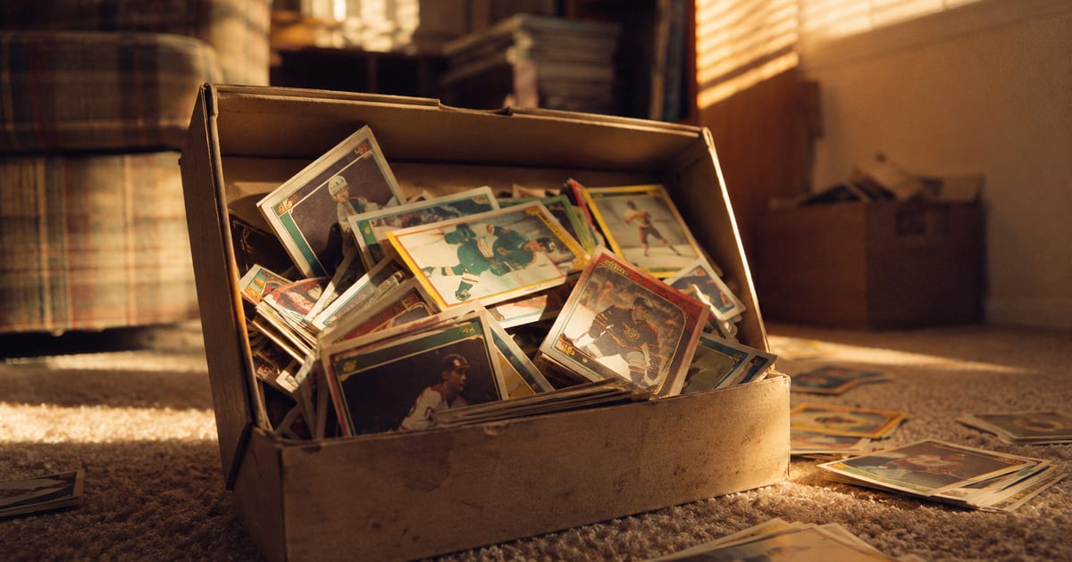 A shoebox of common late-1980s and early-1990s baseball cards spread across a collector's desk