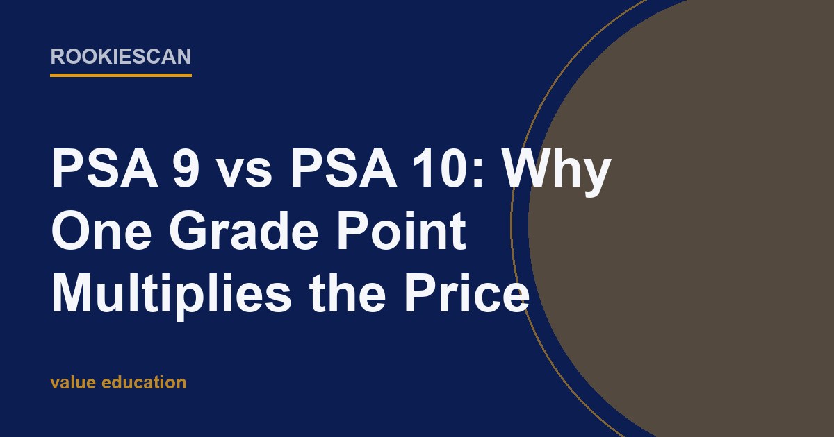 RookieScan article card with the headline: PSA 9 vs PSA 10: Why One Grade Point Multiplies the Price